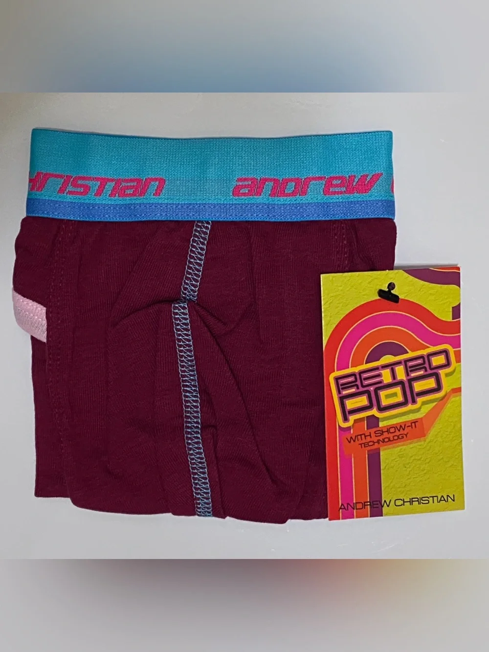 NWT! Andrew Christian RETRO Pop 💥 Sonic Brief w/Show-It Tech MED Burgundy